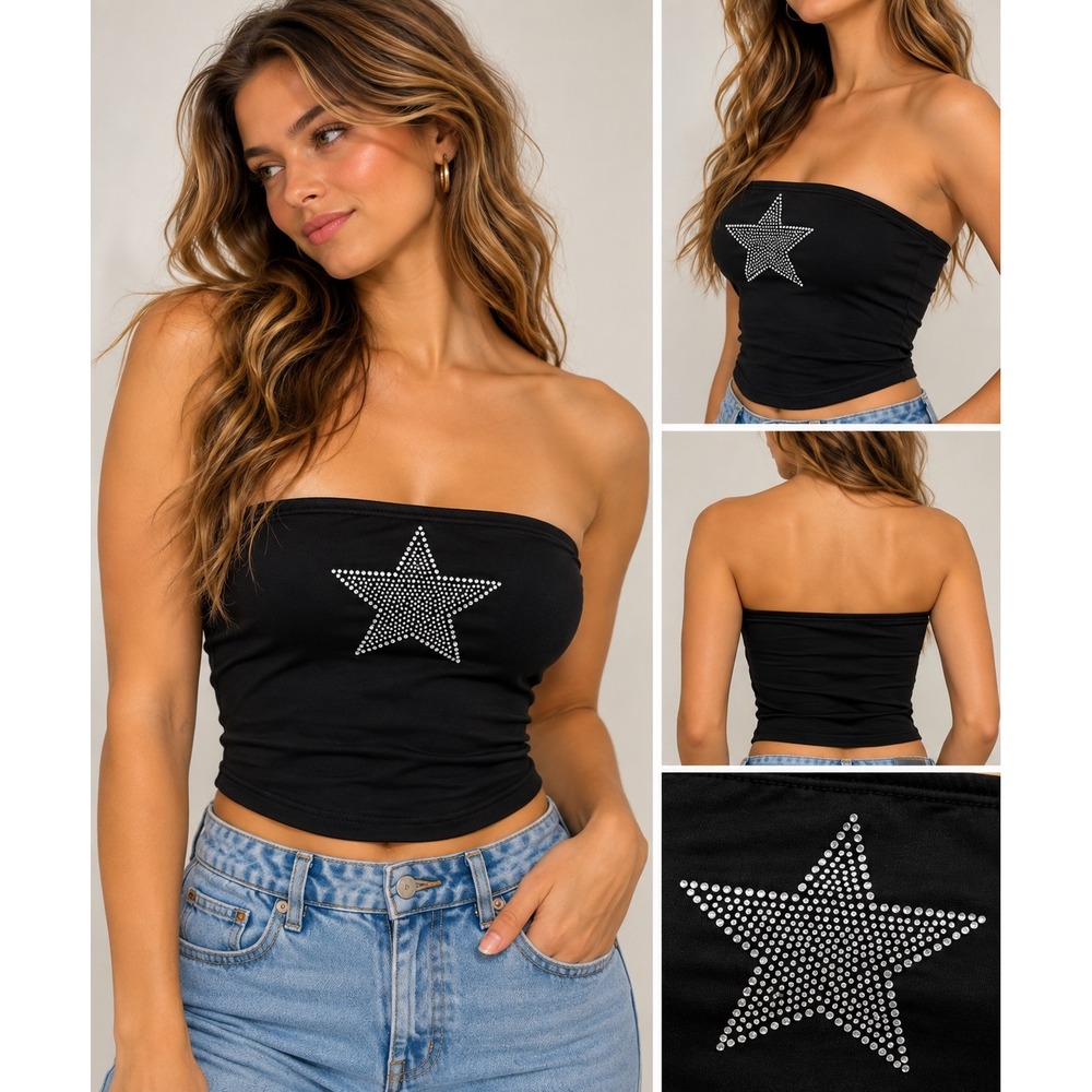 SHEIN EZwear Black Rhinestone Star Tube Top Bandeau NWT XS